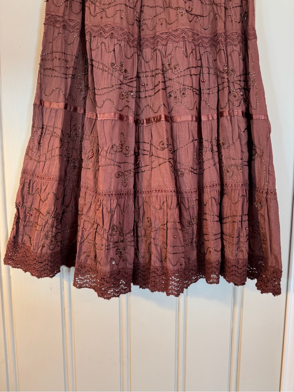 NWT Signature Y2K Boho Embroidered Beaded Tiered Maxi Skirt Brown M - Picture 3 of 7